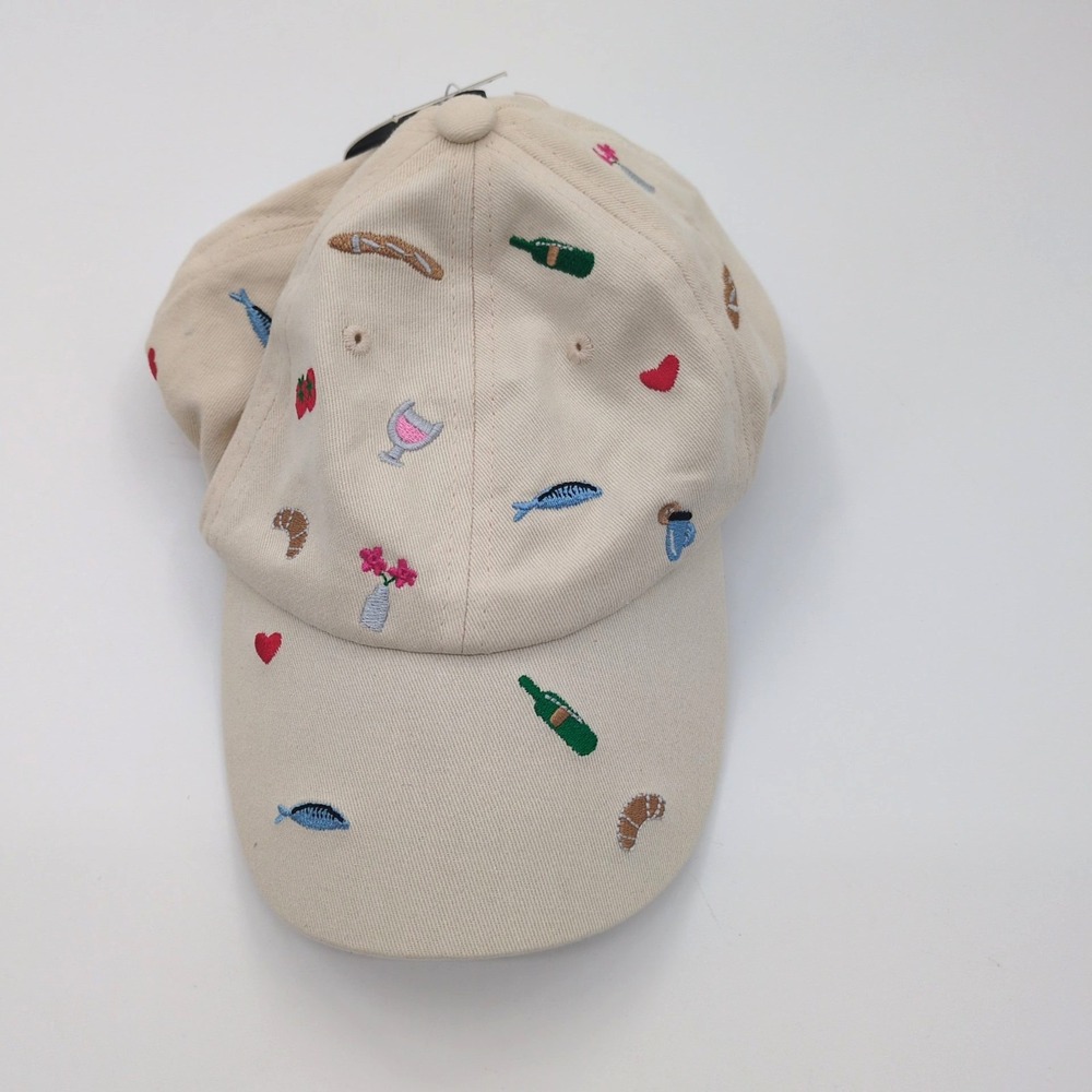 Olivia & Kate NY Embroidered Baseball Cap Hat Cream Cotton Wine Fish Hearts NWT